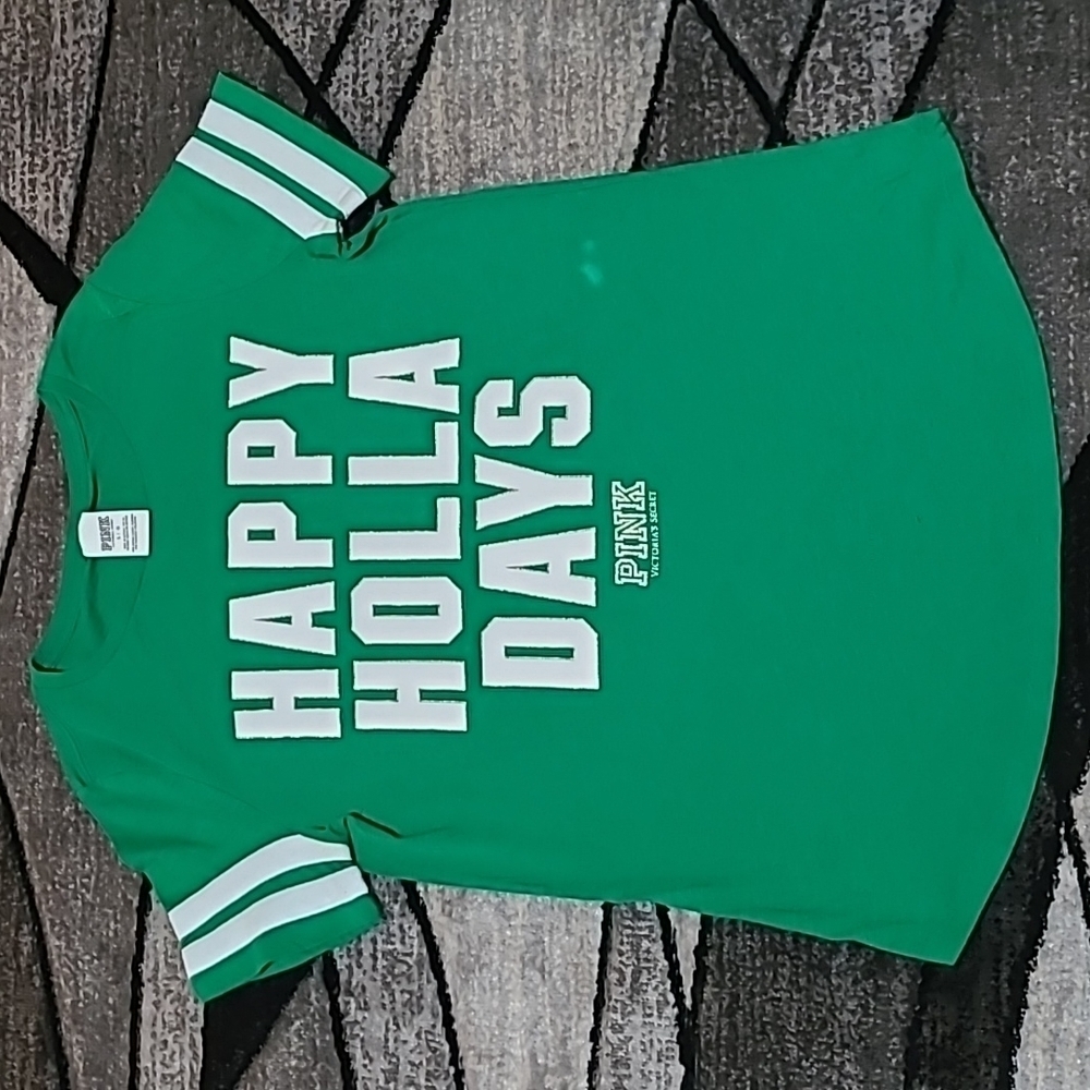VS PINK 2015 HAPPY HOLLA DAYS GOLD SHINE LOGO TEE-SHIRT